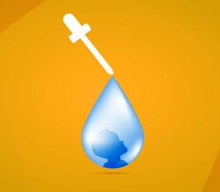 Gota azul com o perfil de uma criança dentro e um conta-gotas branco sobre um fundo laranja, simbolizando a vacinação oral contra a poliomielite.
